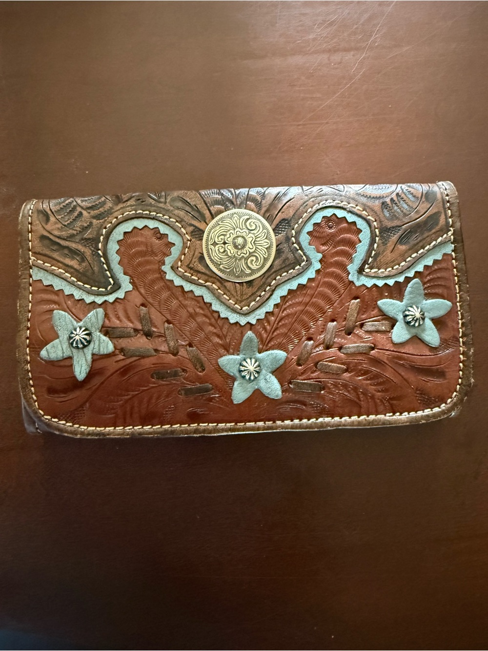 American West Tooled Leather Floral Accent in Brown and Light Blue